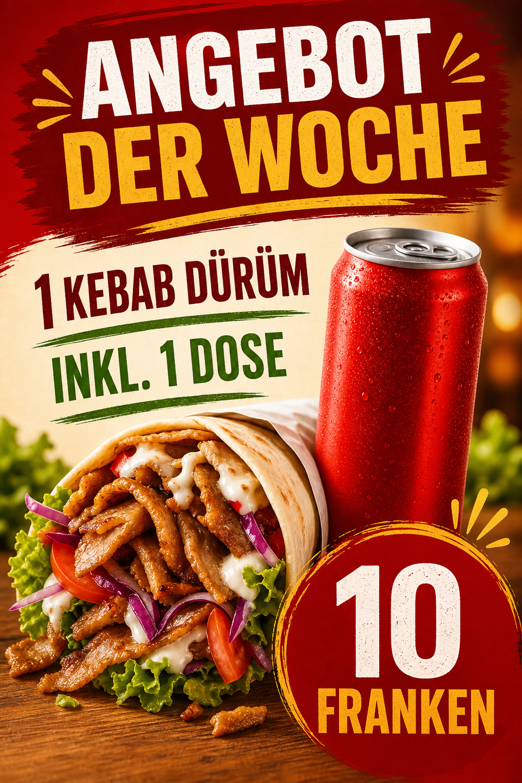 Angebot der Woche: 1 Kebab Dürüm inklusive 1 Dose für 10 Franken
